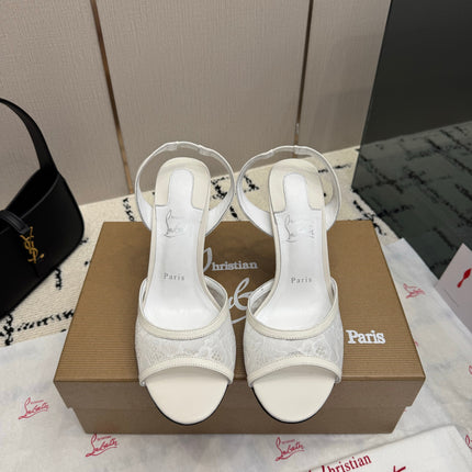 CHRISTIAN LOUBOUTIN 26S HIGH HEEL SANDALS 105 MM IN CREAM WHITE LACE AND LEATHER