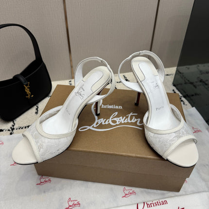CHRISTIAN LOUBOUTIN 26S HIGH HEEL SANDALS 105 MM IN CREAM WHITE LACE AND LEATHER