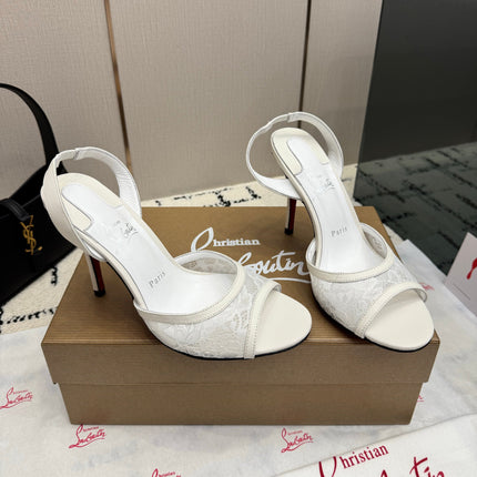 CHRISTIAN LOUBOUTIN 26S HIGH HEEL SANDALS 105 MM IN CREAM WHITE LACE AND LEATHER