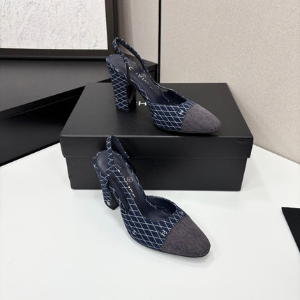 CC SLINGBACK 25S 90 MM IN NAVY BLUE DENIM WITH PLAID PATTERN