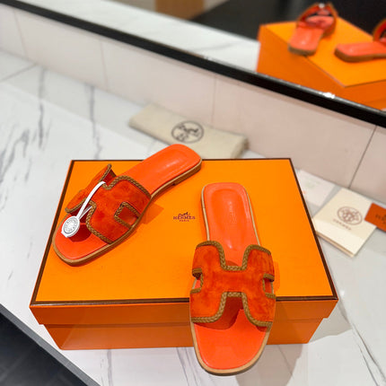 HM 26S ORAN SANDALS IN ORANGE SUEDE WITH TAN BOWN BRAIDED TRIM
