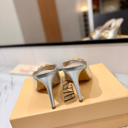 VALENTINO 26S HEEL SANDALS 100 MM IN METALLIC SILVER CALFSKIN WITH GOLD HARDWARE