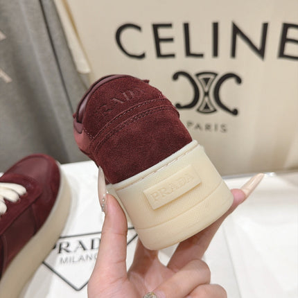 PRADA 26S PLATFORM SNEAKERS 50MM IN BURGUNDY RED SUEDE AND WATERPROOF FABRIC