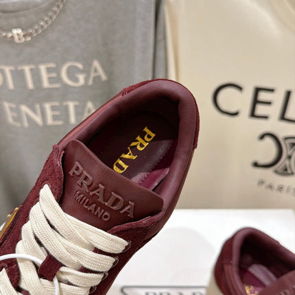 PRADA 26S PLATFORM SNEAKERS 50MM IN BURGUNDY RED SUEDE AND WATERPROOF FABRIC