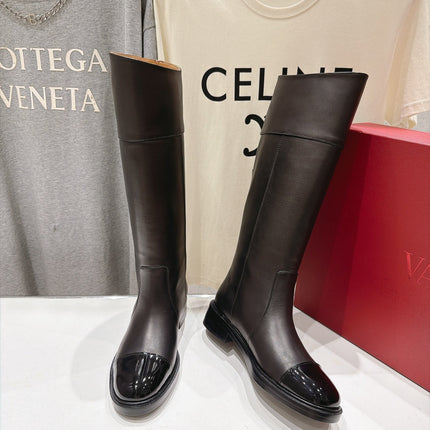 VALENTINO 26S KNEE HIGH BOOTS IN DARK BROWN CALFSKIN WITH PATENT CAP TOE