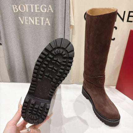 VALENTINO 26S KNEE HIGH BOOTS IN DARK BROWN SUEDE WITH LOGO STRAP