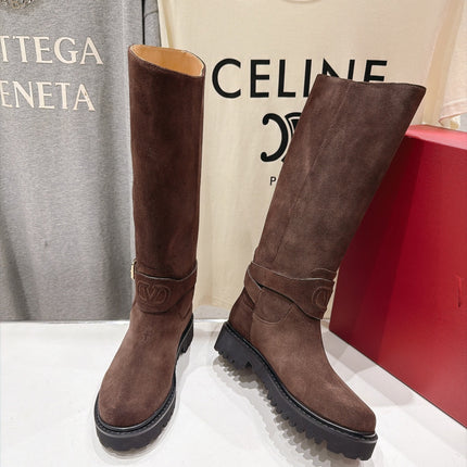 VALENTINO 26S KNEE HIGH BOOTS IN DARK BROWN SUEDE WITH LOGO STRAP