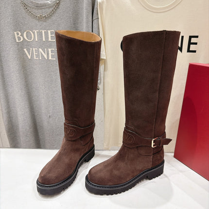 VALENTINO 26S KNEE HIGH BOOTS IN DARK BROWN SUEDE WITH LOGO STRAP