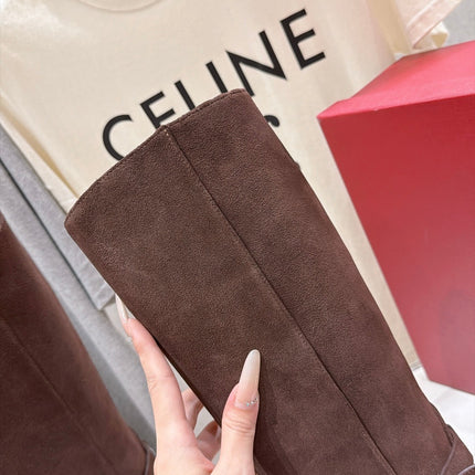 VALENTINO 26S KNEE HIGH BOOTS IN DARK BROWN SUEDE WITH LOGO STRAP