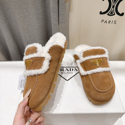 PRADA 26S MULE LOAFERS IN BROWN SUEDE SHEARLING LINED