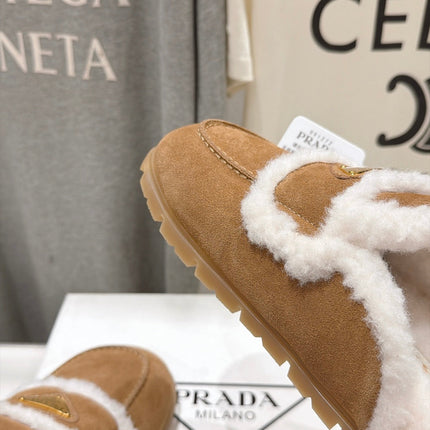 PRADA 26S MULE LOAFERS IN BROWN SUEDE SHEARLING LINED