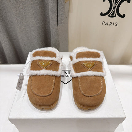PRADA 26S MULE LOAFERS IN BROWN SUEDE SHEARLING LINED
