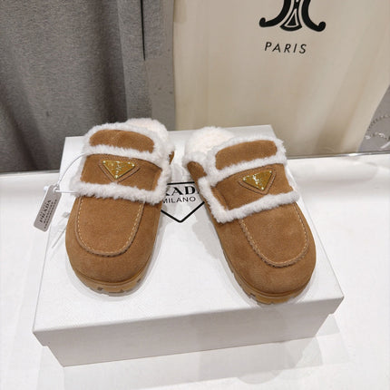 PRADA 26S MULE LOAFERS IN BROWN SUEDE SHEARLING LINED