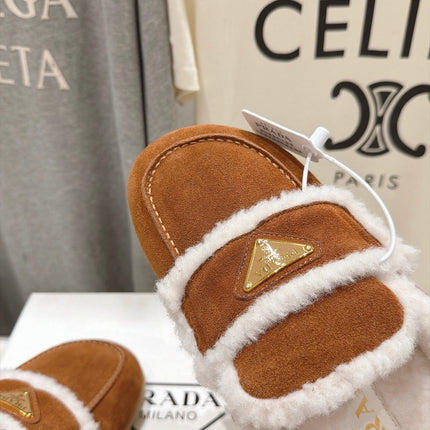PRADA 26S MULE LOAFERS IN CARAMEL BROWN SUEDE SHEARLING LINED
