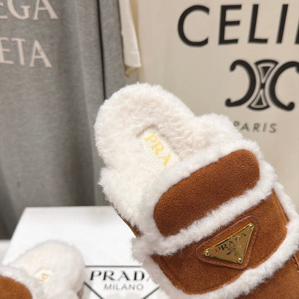 PRADA 26S MULE LOAFERS IN CARAMEL BROWN SUEDE SHEARLING LINED