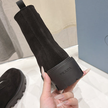 PRADA 26S FRONT ZIP CHUNKY HEEL ANKLE BOOTS IN BLACK SUEDE SILVER HARDWARE