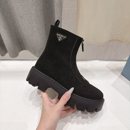 PRADA 26S FRONT ZIP CHUNKY HEEL ANKLE BOOTS IN BLACK SUEDE SILVER HARDWARE