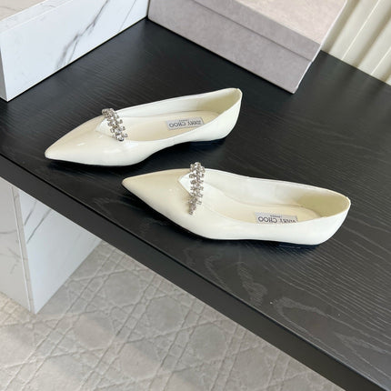 JIMMY CHOO 26S BALLET FLATS IN CREAM WHITE PATENT CALFSKIN