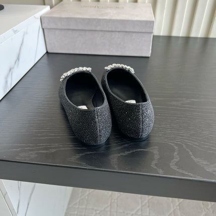 JIMMY CHOO 26S BALLET FLATS IN BLACK GLITTER