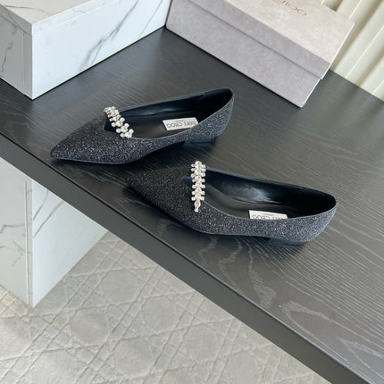 JIMMY CHOO 26S BALLET FLATS IN BLACK GLITTER