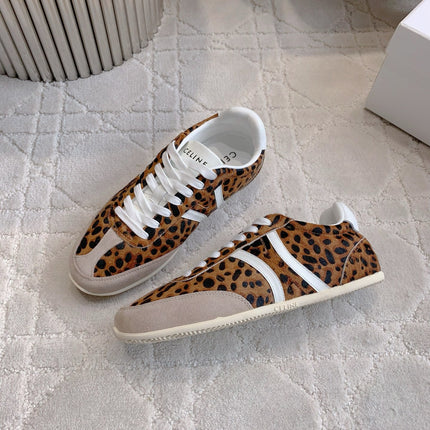 CELINE 25S JOGGER LOW LACE UP SNEAKER IN LEOPARD PRINT CALFSKIN AND SUEDE