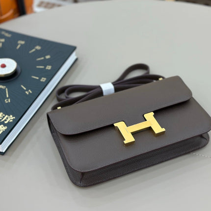 HM 25S CONSTANCE ELAN 24 CM IN DARK GREY BROWN EPSOM WITH GOLD HARDWARE