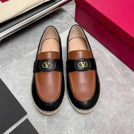 VALENTINO 26S ESPADRILLE LOAFERS IN BLACK AND TAN BROWN CALFSKIN GOLD HARDWARE