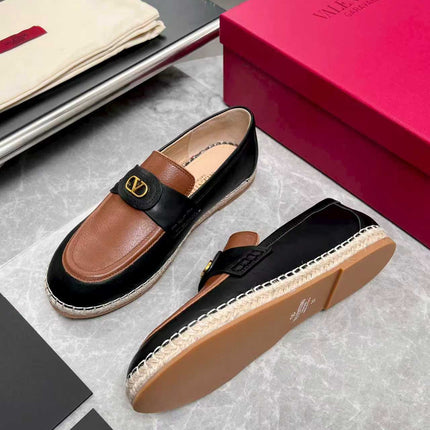 VALENTINO 26S ESPADRILLE LOAFERS IN BLACK AND TAN BROWN CALFSKIN GOLD HARDWARE