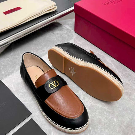 VALENTINO 26S ESPADRILLE LOAFERS IN BLACK AND TAN BROWN CALFSKIN GOLD HARDWARE
