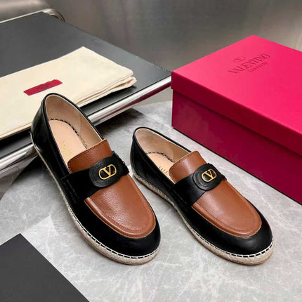 VALENTINO 26S ESPADRILLE LOAFERS IN BLACK AND TAN BROWN CALFSKIN GOLD HARDWARE