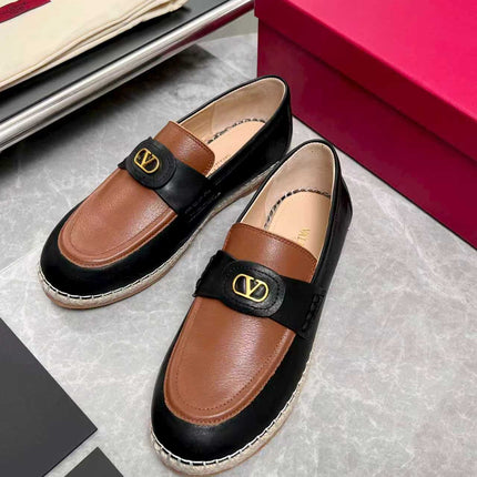 VALENTINO 26S ESPADRILLE LOAFERS IN BLACK AND TAN BROWN CALFSKIN GOLD HARDWARE