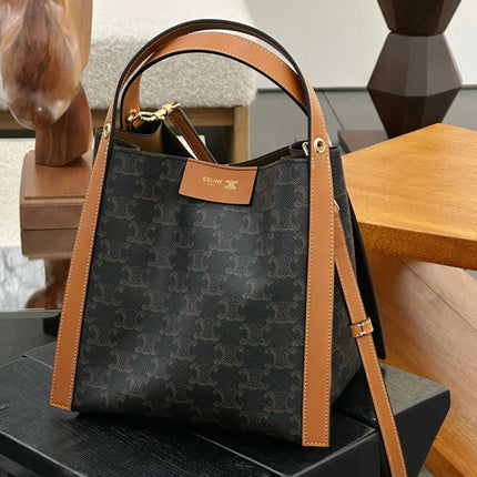CELINE 25S SMALL CUBE BAG 21MM IN BLACK TRIOMPHE CANVAS AND BORWN CALFSKIN