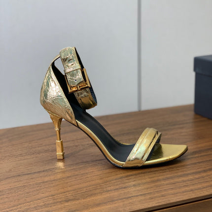 BALMAIN 25S SQUARE STRAP HIGH HEELS 100MM IN GOLD CALFSKIN