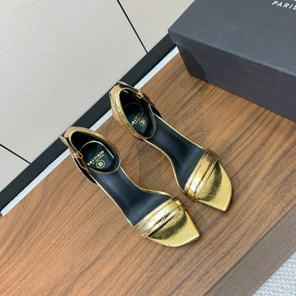 BALMAIN 25S SQUARE STRAP HIGH HEELS 100MM IN GOLD CALFSKIN