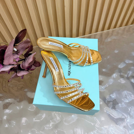 AQUAZZURA 26S CRYSTAL HIGH-HEEL SLIDES 85 MM IN GOLD CALFSKIN