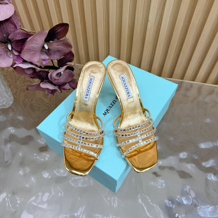 AQUAZZURA 26S CRYSTAL HIGH-HEEL SLIDES 85 MM IN GOLD CALFSKIN