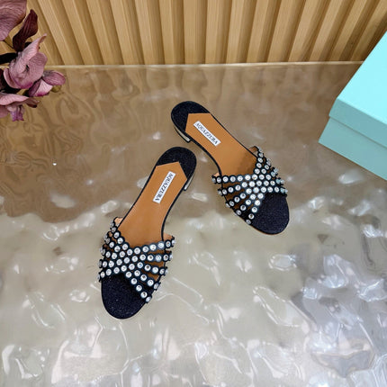 AQUAZZURA 26S SLIDES IN BLACK LUREX FABRIC