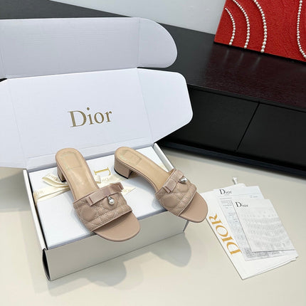 DIOR 26S BLOCK HEEL SLIDE SANDALS IN TAUPE BROWN QUILTED CALFSKIN WITH BOW