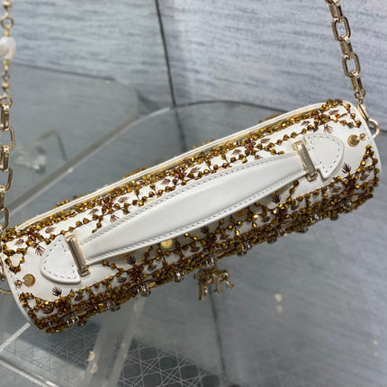 DIOR 26S MINI BAG 21 IN IVORY WHITE CALFSKIN FLORAL SEQUIN EMBROIDERED