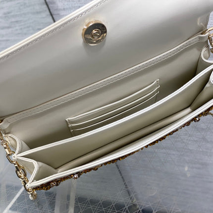 DIOR 26S MINI BAG 21 IN IVORY WHITE CALFSKIN FLORAL SEQUIN EMBROIDERED