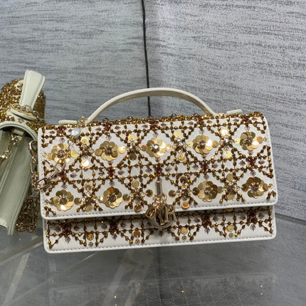 DIOR 26S MINI BAG 21 IN IVORY WHITE CALFSKIN FLORAL SEQUIN EMBROIDERED