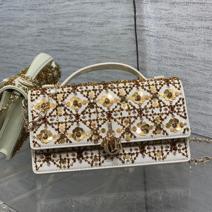 DIOR 26S MINI BAG 21 IN IVORY WHITE CALFSKIN FLORAL SEQUIN EMBROIDERED