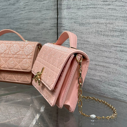 DIOR 26S MINI BAG 21 IN CORAL PINK CALFSKIN MICROBEAD EMBROIDERED WITH CANNAGE MOTIF