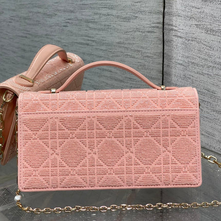 DIOR 26S MINI BAG 21 IN CORAL PINK CALFSKIN MICROBEAD EMBROIDERED WITH CANNAGE MOTIF