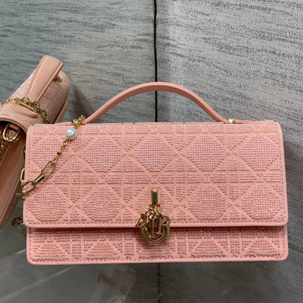DIOR 26S MINI BAG 21 IN CORAL PINK CALFSKIN MICROBEAD EMBROIDERED WITH CANNAGE MOTIF