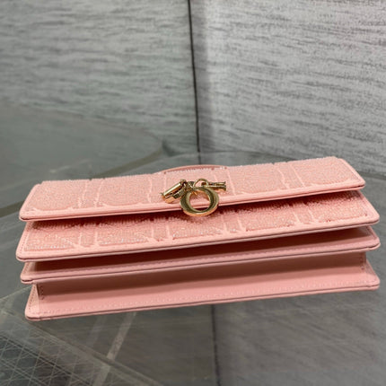DIOR 26S MINI BAG 21 IN CORAL PINK CALFSKIN MICROBEAD EMBROIDERED WITH CANNAGE MOTIF
