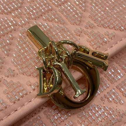 DIOR 26S MINI BAG 21 IN CORAL PINK CALFSKIN MICROBEAD EMBROIDERED WITH CANNAGE MOTIF