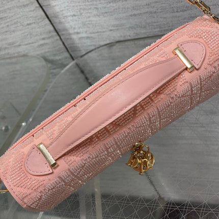 DIOR 26S MINI BAG 21 IN CORAL PINK CALFSKIN MICROBEAD EMBROIDERED WITH CANNAGE MOTIF