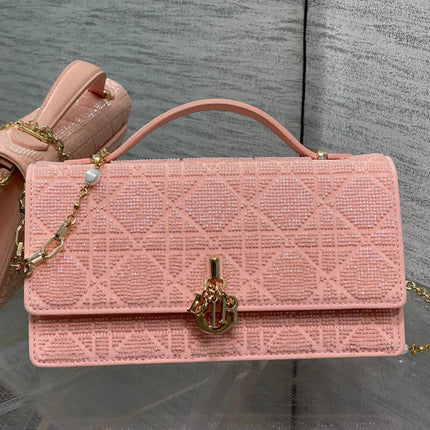 DIOR 26S MINI BAG 21 IN CORAL PINK CALFSKIN MICROBEAD EMBROIDERED WITH CANNAGE MOTIF