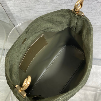 DIOR 26S SMALL DIOR TOUJOURS HOBO BAG 27 IN KHAKI GREEN SUEDE GOLD HARDWARE